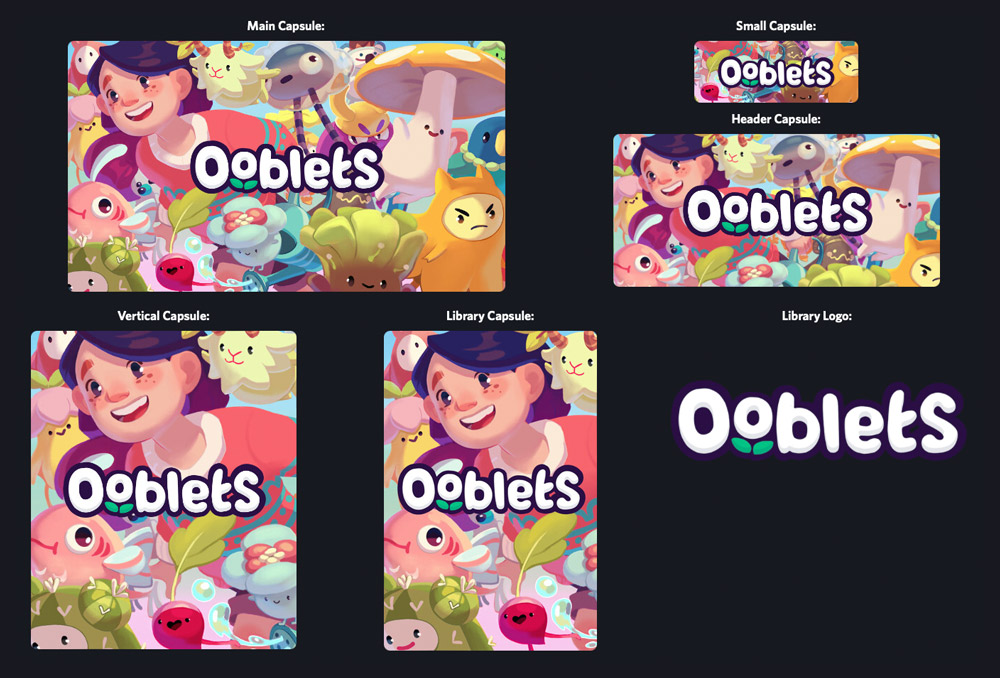 Variations of capsule and box art for Ooblets on Steam